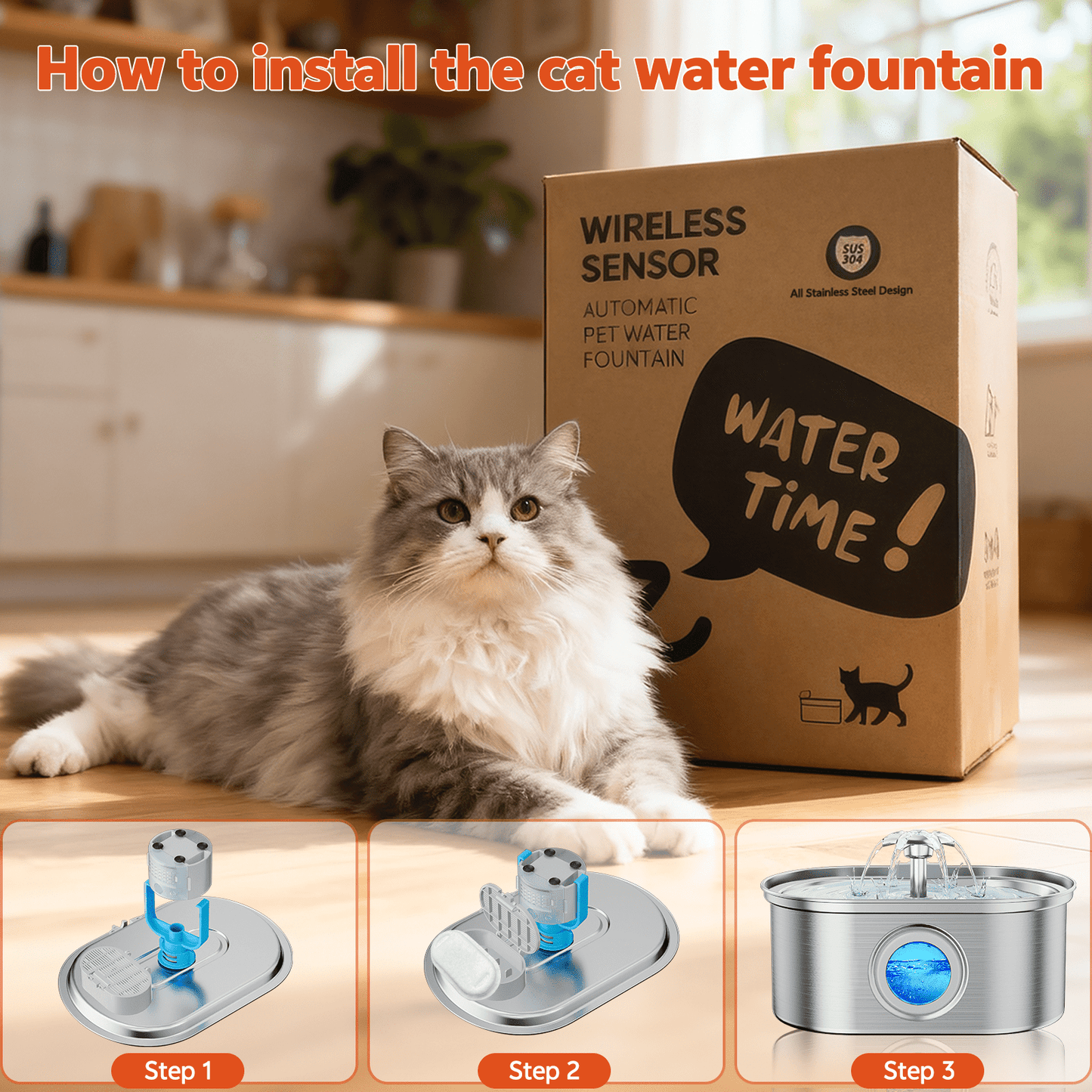 Cat Water Fountain Stainless Steel, 108Oz/3.2L Pet Fountain with Water Level Window,Automatic Water Dispenser for Cats and Dogs, Electric Drinking Bowl Suitable for Multiple Pets, Silver