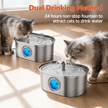 Cat Water Fountain Stainless Steel,  108Oz/3.2L Pet Fountain with Water Level Window,Automatic Water Dispenser for Cats and Dogs, Electric Drinking Bowl Suitable for Multiple Pets, Silver