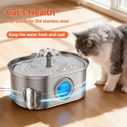 Cat Water Fountain Stainless Steel,  108Oz/3.2L Pet Fountain with Water Level Window,Automatic Water Dispenser for Cats and Dogs, Electric Drinking Bowl Suitable for Multiple Pets, Silver