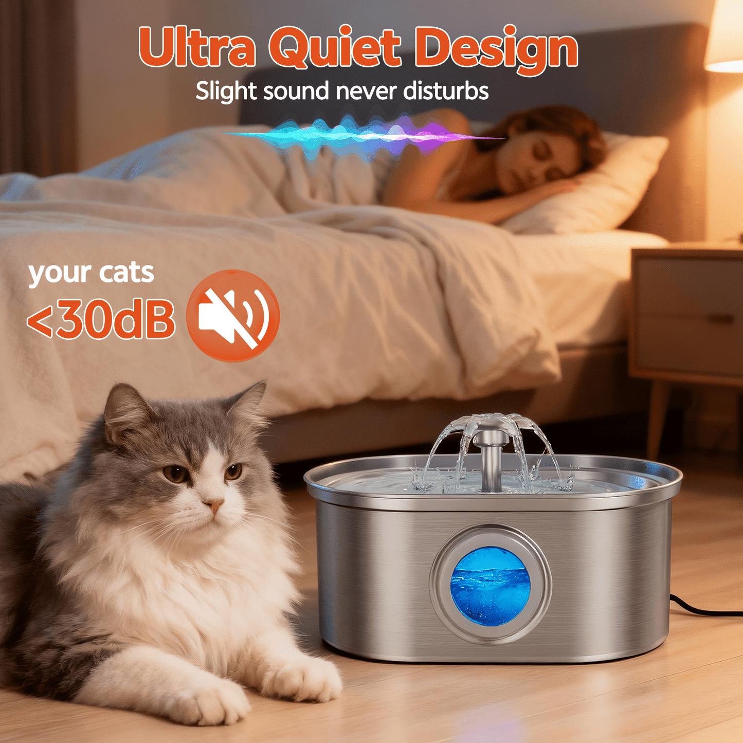 Cat Water Fountain Stainless Steel,  108Oz/3.2L Pet Fountain with Water Level Window,Automatic Water Dispenser for Cats and Dogs, Electric Drinking Bowl Suitable for Multiple Pets, Silver