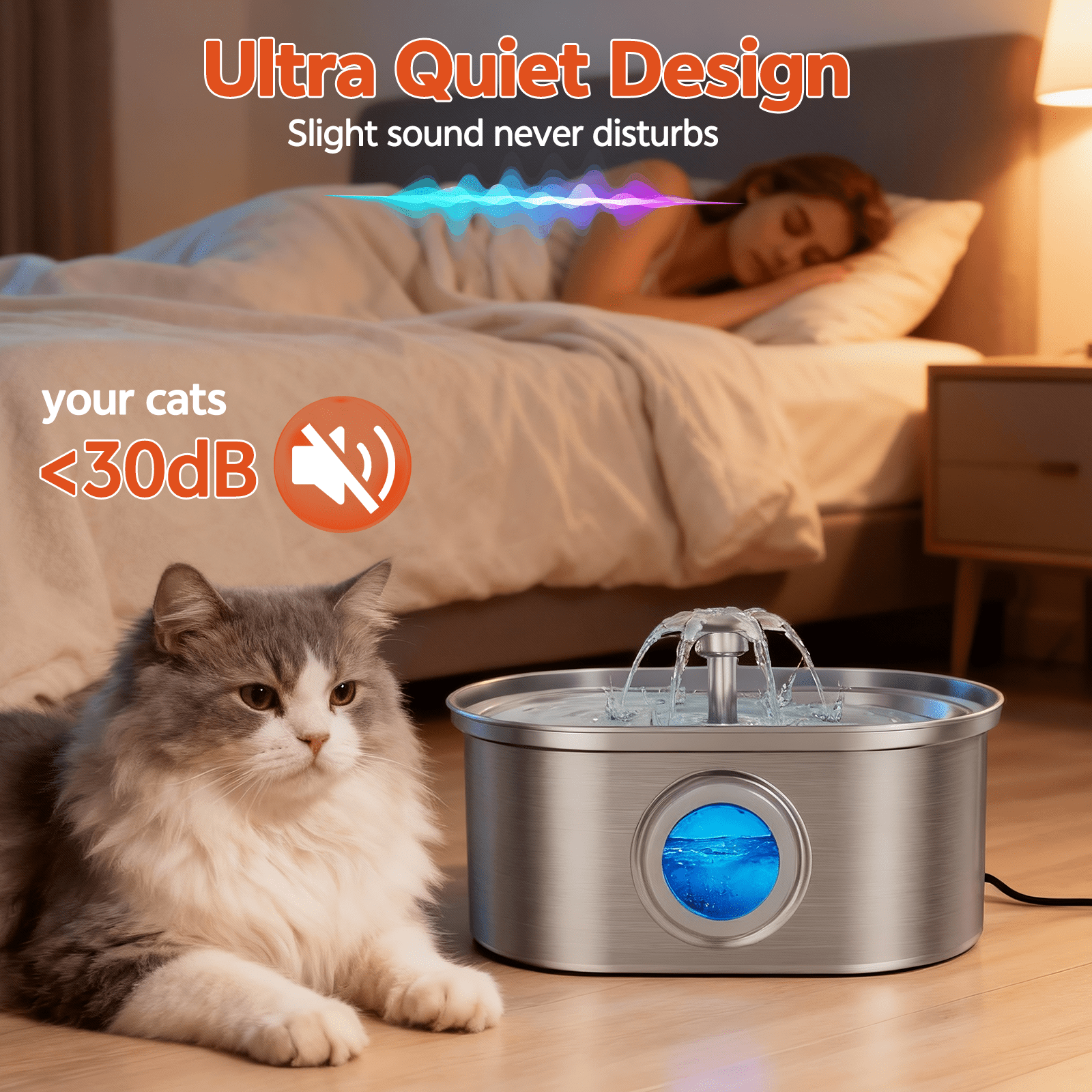 Cat Water Fountain Stainless Steel,  108Oz/3.2L Pet Fountain with Water Level Window,Automatic Water Dispenser for Cats and Dogs, Electric Drinking Bowl Suitable for Multiple Pets, Silver