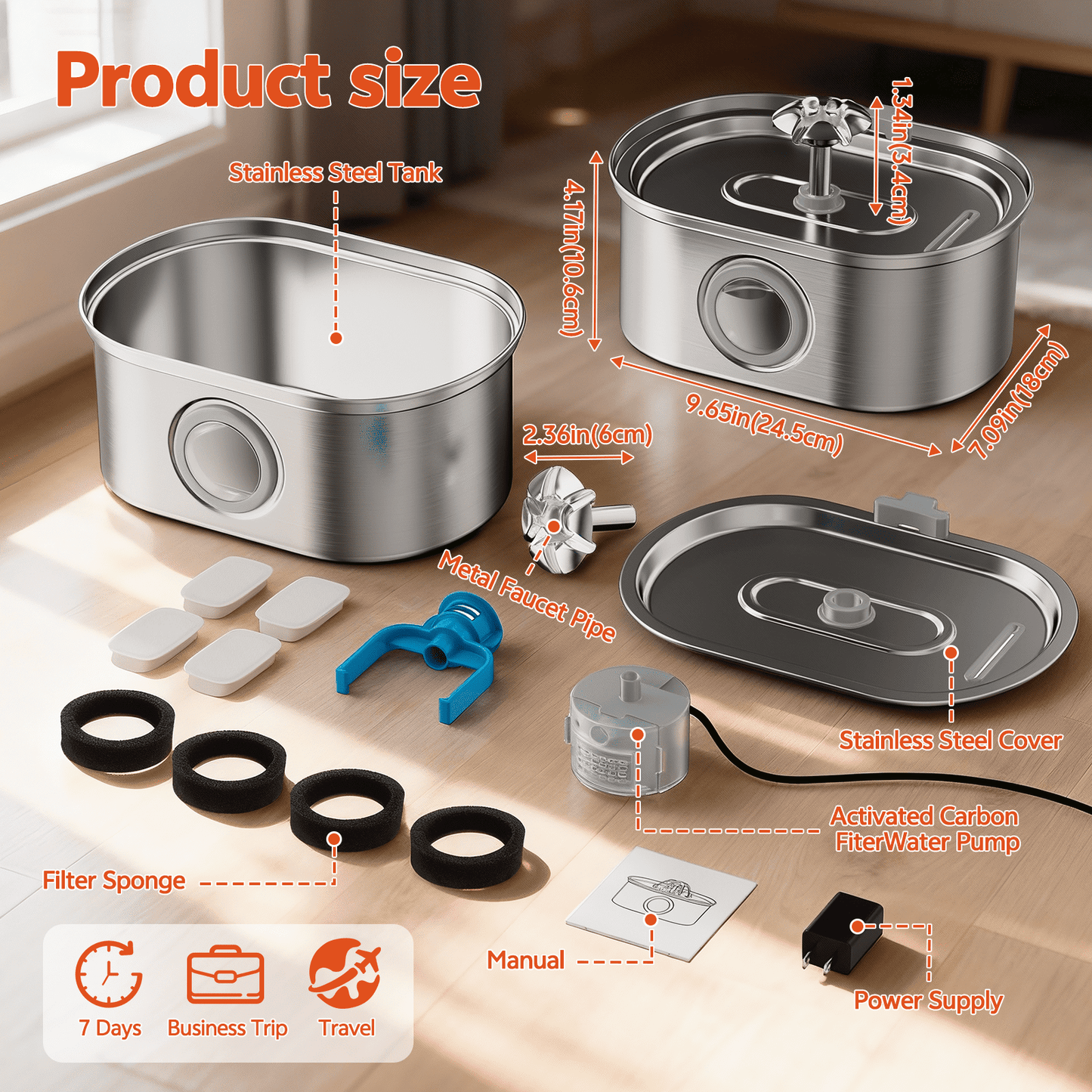 Cat Water Fountain Stainless Steel,  108Oz/3.2L Pet Fountain with Water Level Window,Automatic Water Dispenser for Cats and Dogs, Electric Drinking Bowl Suitable for Multiple Pets, Silver