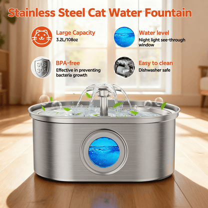 Cat Water Fountain Stainless Steel,  108Oz/3.2L Pet Fountain with Water Level Window,Automatic Water Dispenser for Cats and Dogs, Electric Drinking Bowl Suitable for Multiple Pets, Silver