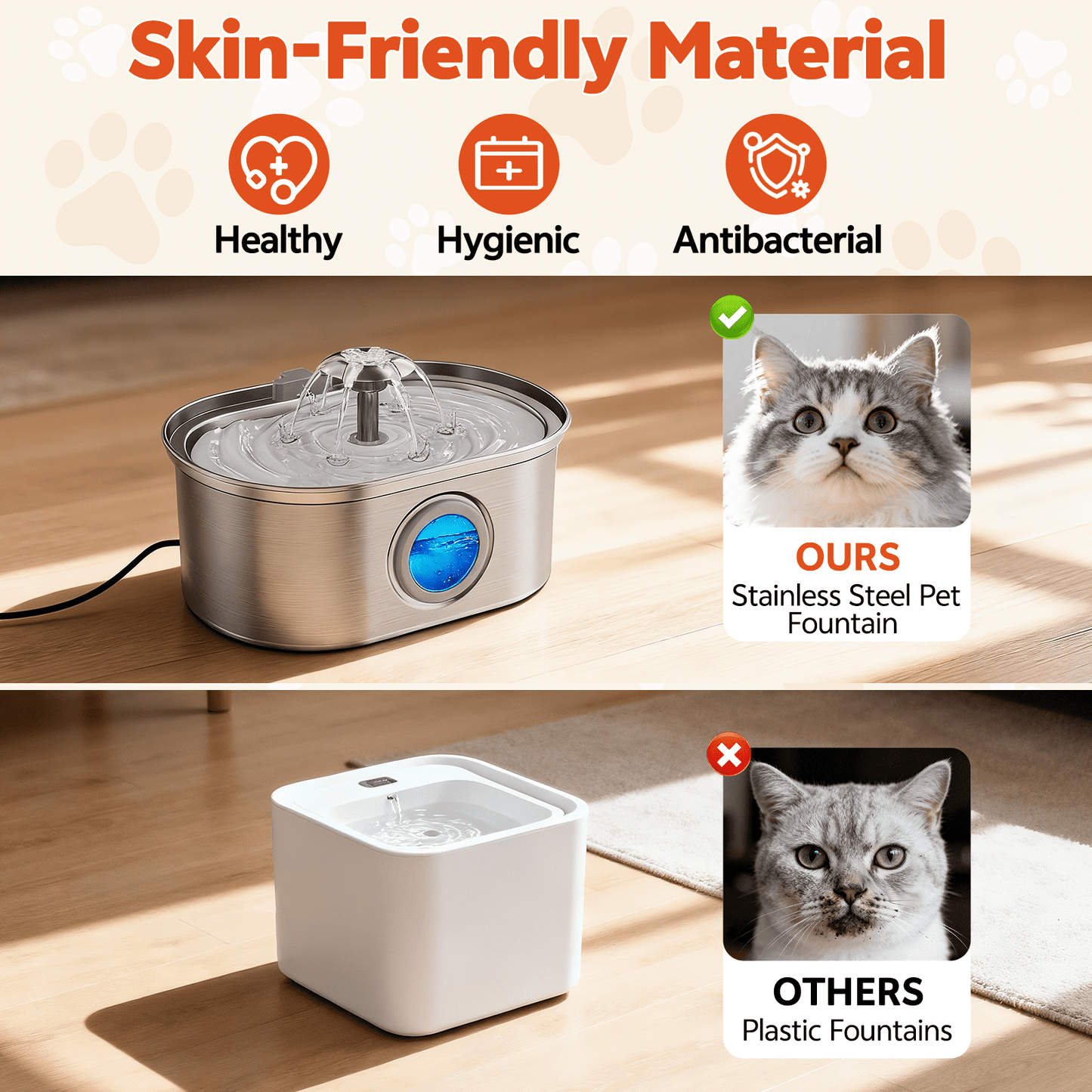 Cat Water Fountain Stainless Steel,  108Oz/3.2L Pet Fountain with Water Level Window,Automatic Water Dispenser for Cats and Dogs, Electric Drinking Bowl Suitable for Multiple Pets, Silver